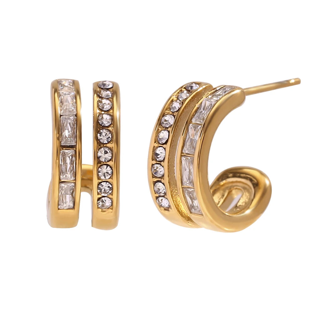 E.B.belle Double layer C-shaped Zircon Earrings 18K Gold Plated Jewelry 316L Stainless Steel Women's Earrings
