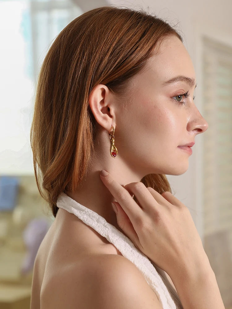 E.B.belle Creative Red Color Gemstone In Hand Hoop Earrings New Design Gold Plated Stainless Steel Women Jewelry Accessories
