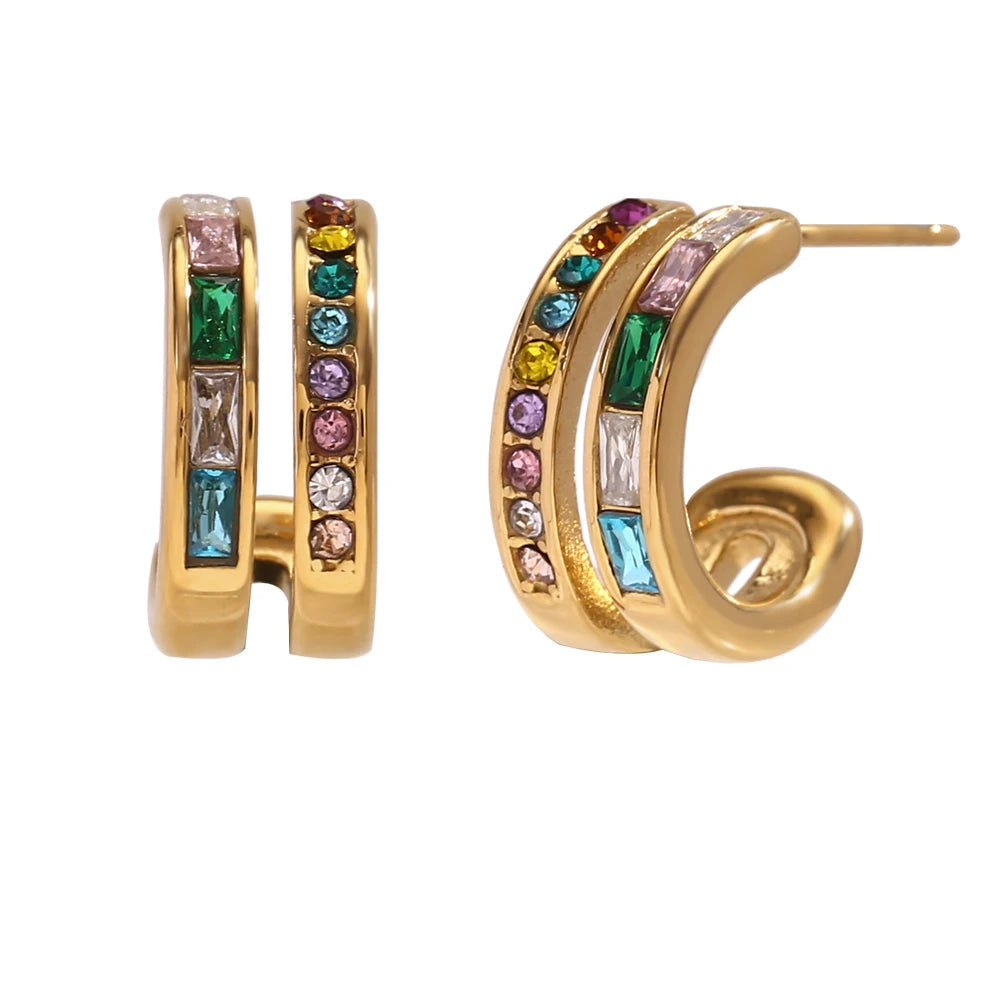 E.B.belle Double layer C-shaped Zircon Earrings 18K Gold Plated Jewelry 316L Stainless Steel Women's Earrings