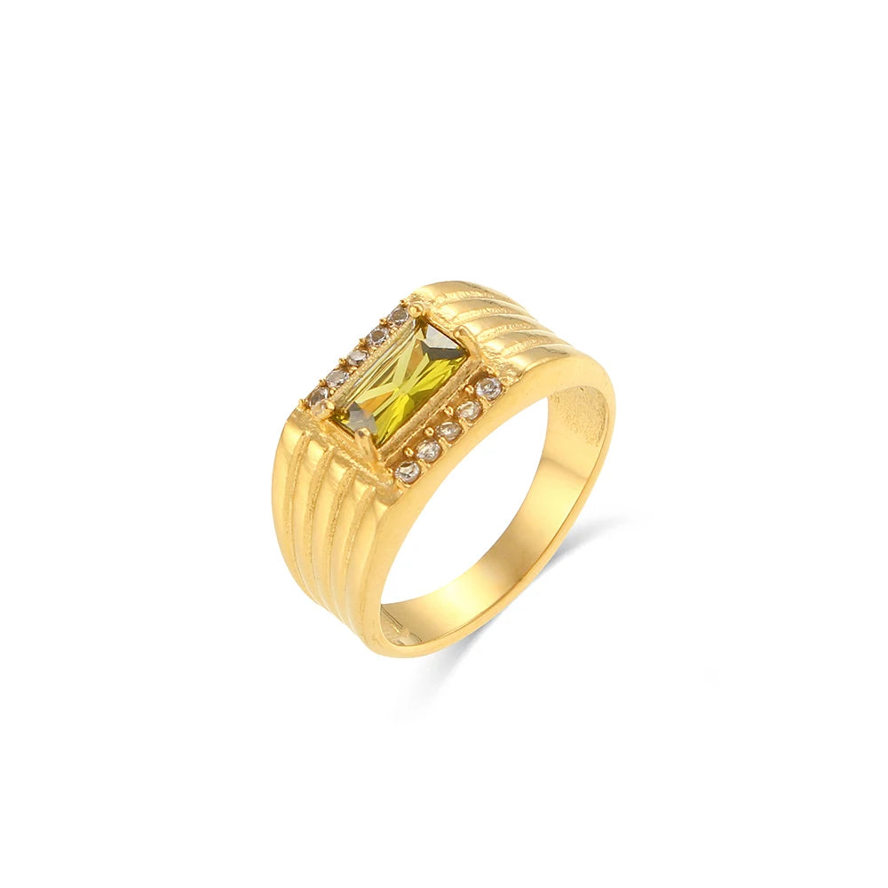 E.B.belle  Stainless Steel Texture Engraved Square Green Black Zircon Stone Ring Vintage Geometric Gold Rings For Women
