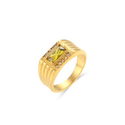 E.B.belle  Stainless Steel Texture Engraved Square Green Black Zircon Stone Ring Vintage Geometric Gold Rings For Women