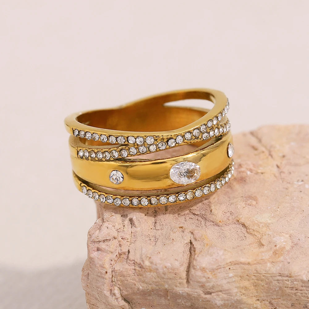 E.B.belle Creative Luxury Multipile Zircon Ring High Quality Stainless Steel 18K Gold Plated Party Statement Jewelry Accessories