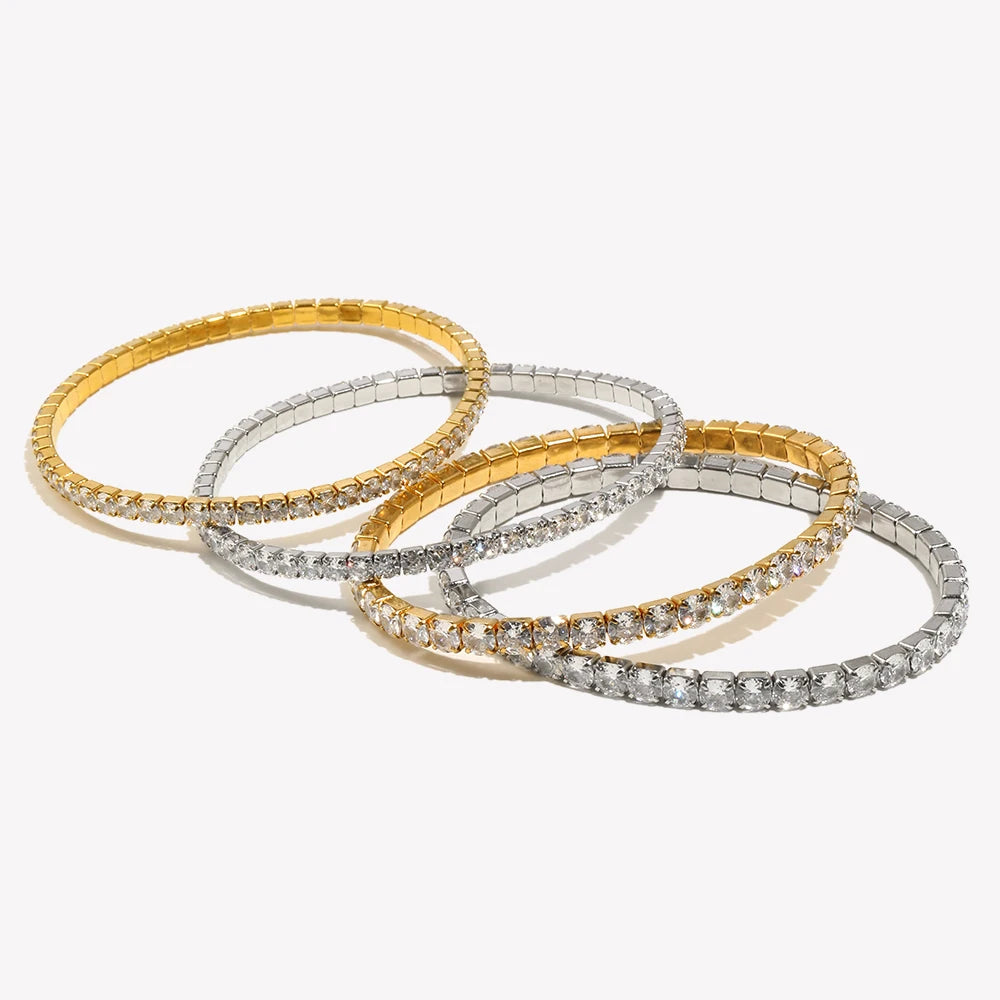 E.B.belle 3mm 4mm Elastic Square Zircon Bracelet Stainless Steel Shiny Jewelry Gold/Silver Color Fashion Women Decoration Charm