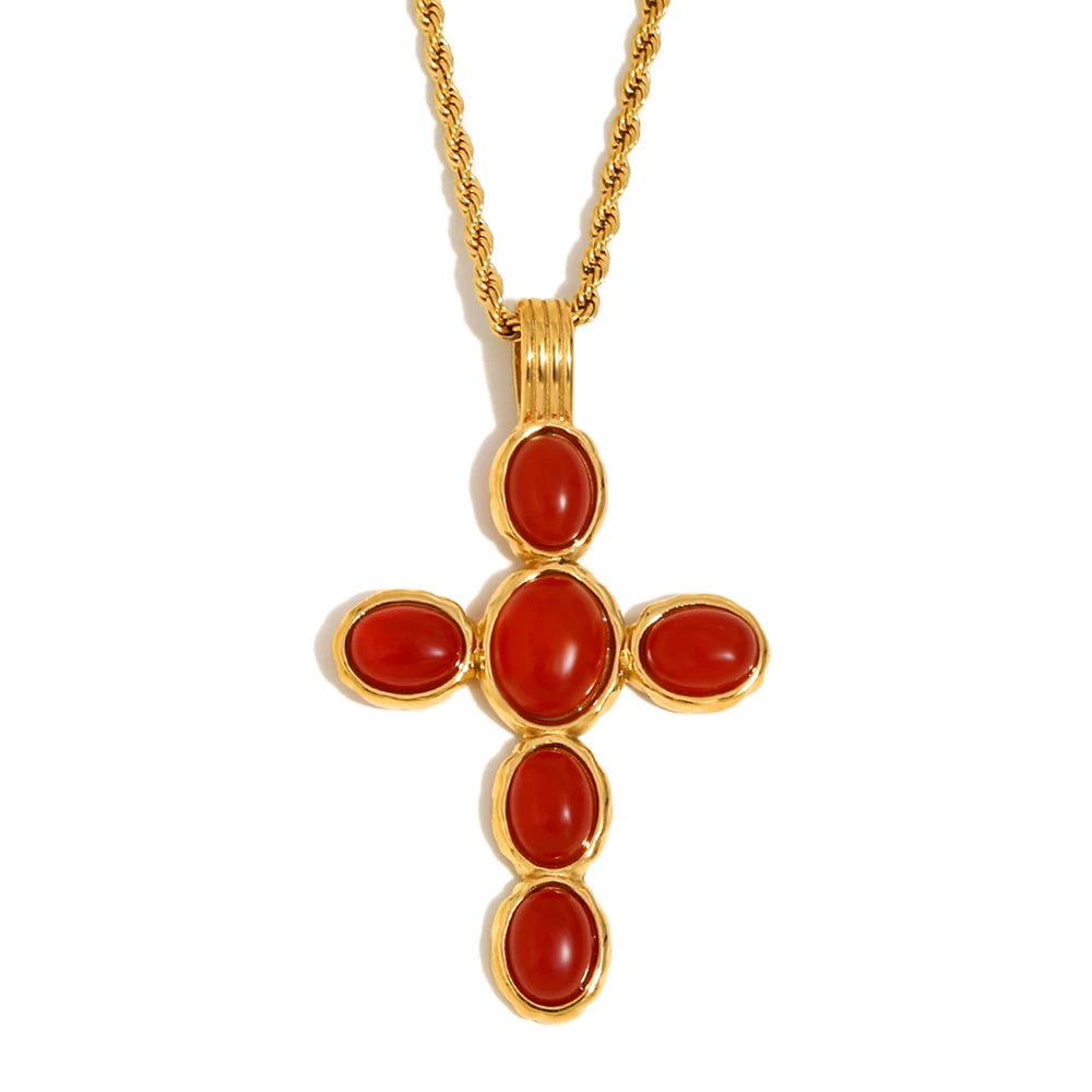 E.B.belle Green/Red Color Oval Shape Gemstone Cross Pendant Necklace Gold Plated Stainless Steel Fashion Neck Jewelry