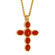 E.B.belle Green/Red Color Oval Shape Gemstone Cross Pendant Necklace Gold Plated Stainless Steel Fashion Neck Jewelry