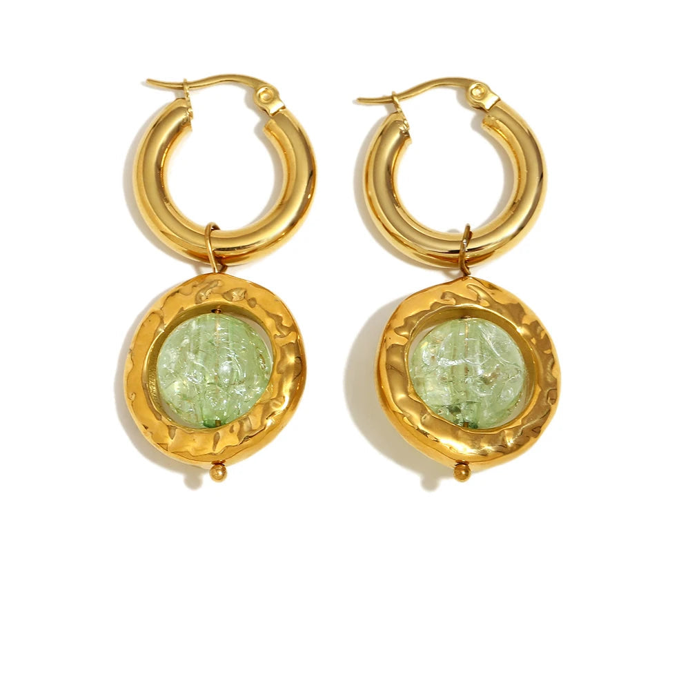 E.B.belle New Creative Green Color Round Lantern Lampwork Pendant Hoop Earring 18k Gold Plated Stainless Steel Woemn Jewelry