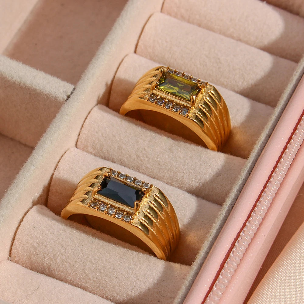 E.B.belle  Stainless Steel Texture Engraved Square Green Black Zircon Stone Ring Vintage Geometric Gold Rings For Women