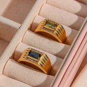 E.B.belle  Stainless Steel Texture Engraved Square Green Black Zircon Stone Ring Vintage Geometric Gold Rings For Women