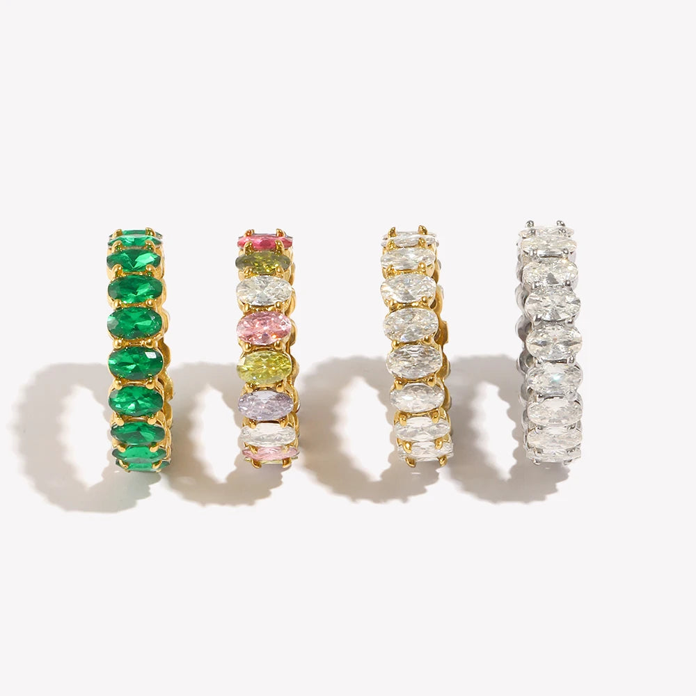 E.B.belle Wedding Party Oval Shape Zircon Rings For Ladies Prong Setting Clear Crystal Emeraled Green Women's Baguette Ring
