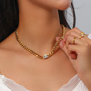 E.B.belle Square Zircon Stone Chunky Cuban Chain Necklace Fine Polished 316L Stainless Steel Statement Necklace For Women