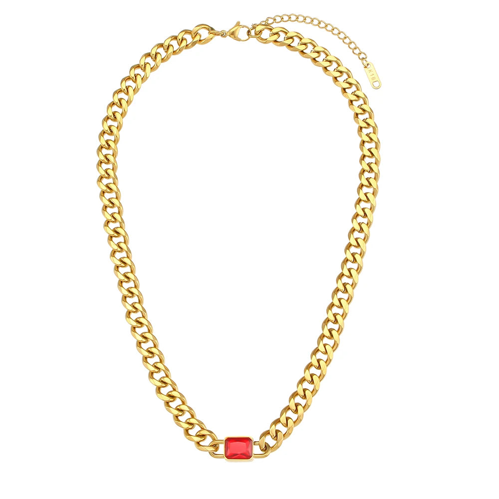 E.B.belle Square Zircon Stone Chunky Cuban Chain Necklace Fine Polished 316L Stainless Steel Statement Necklace For Women