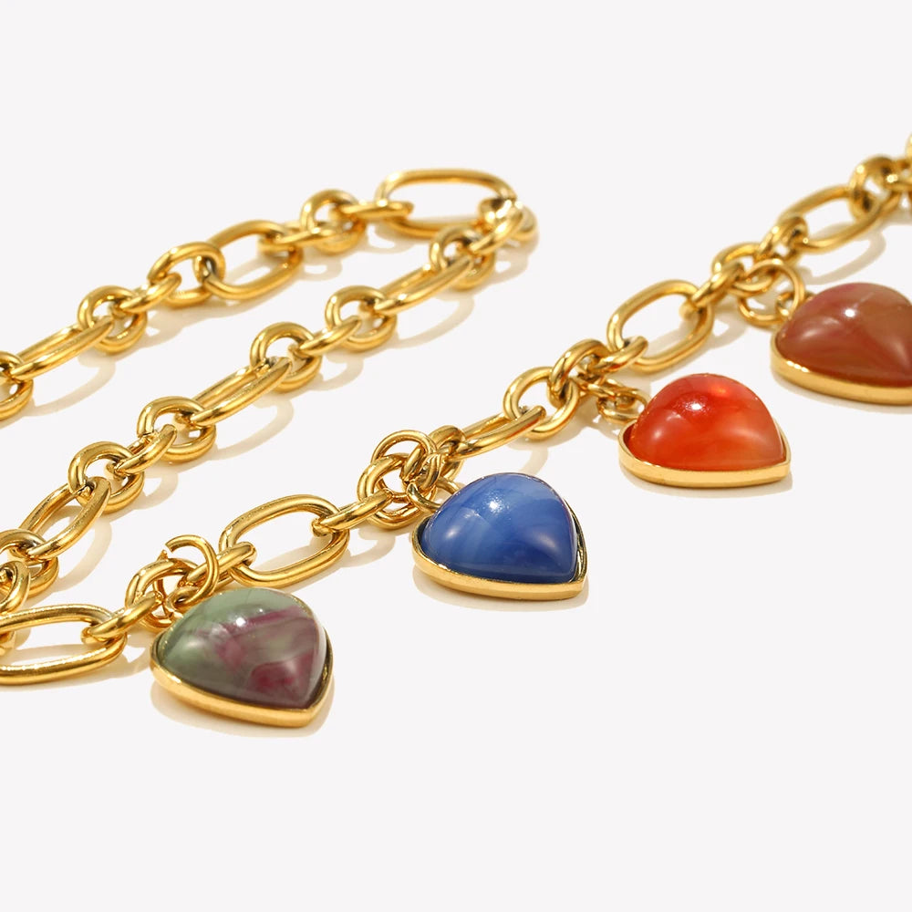 E.B.belle Exaggerated Colorful Gemstone Heart Pendants Necklace Summer Vacation PVD Plated Stainless Steel Fashion Jewelry