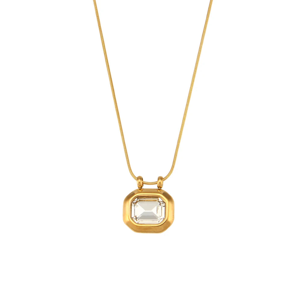 E.B.belle 2024 New Minimal Snake Chain Rectangle Large Cubic Zirconia Stone Pendant Necklace For Woman Stainless Steel Jewelry