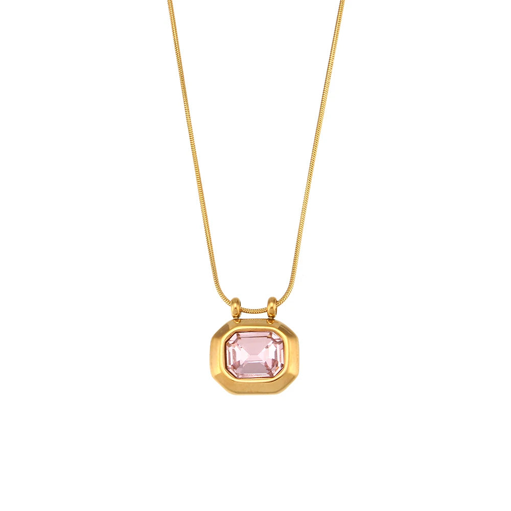 E.B.belle 2024 New Minimal Snake Chain Rectangle Large Cubic Zirconia Stone Pendant Necklace For Woman Stainless Steel Jewelry