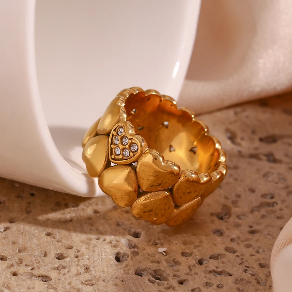 Rhinestone Filled Casting Mould Wide Band Y2K accessories Heart Rings For Girls Ladies Bold Stainless Steel Gold Plated Ring