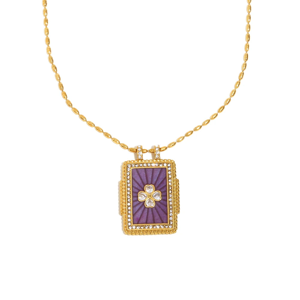 E.B.belle Colorful Enamel Square Zircon Pendant Necklace 18K Gold Plated Stainless Steel Fashion Neck Jewelry