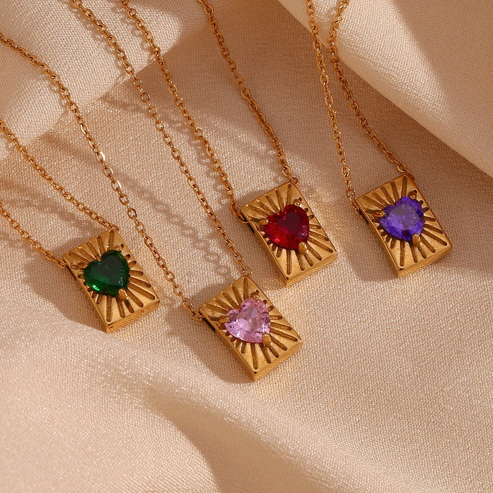 E.B.belle Heart Zircon Radiant Rectangular Card Pendant Necklace Colorful Stainless Steel Decoration 18K Gold Plated Jewelry