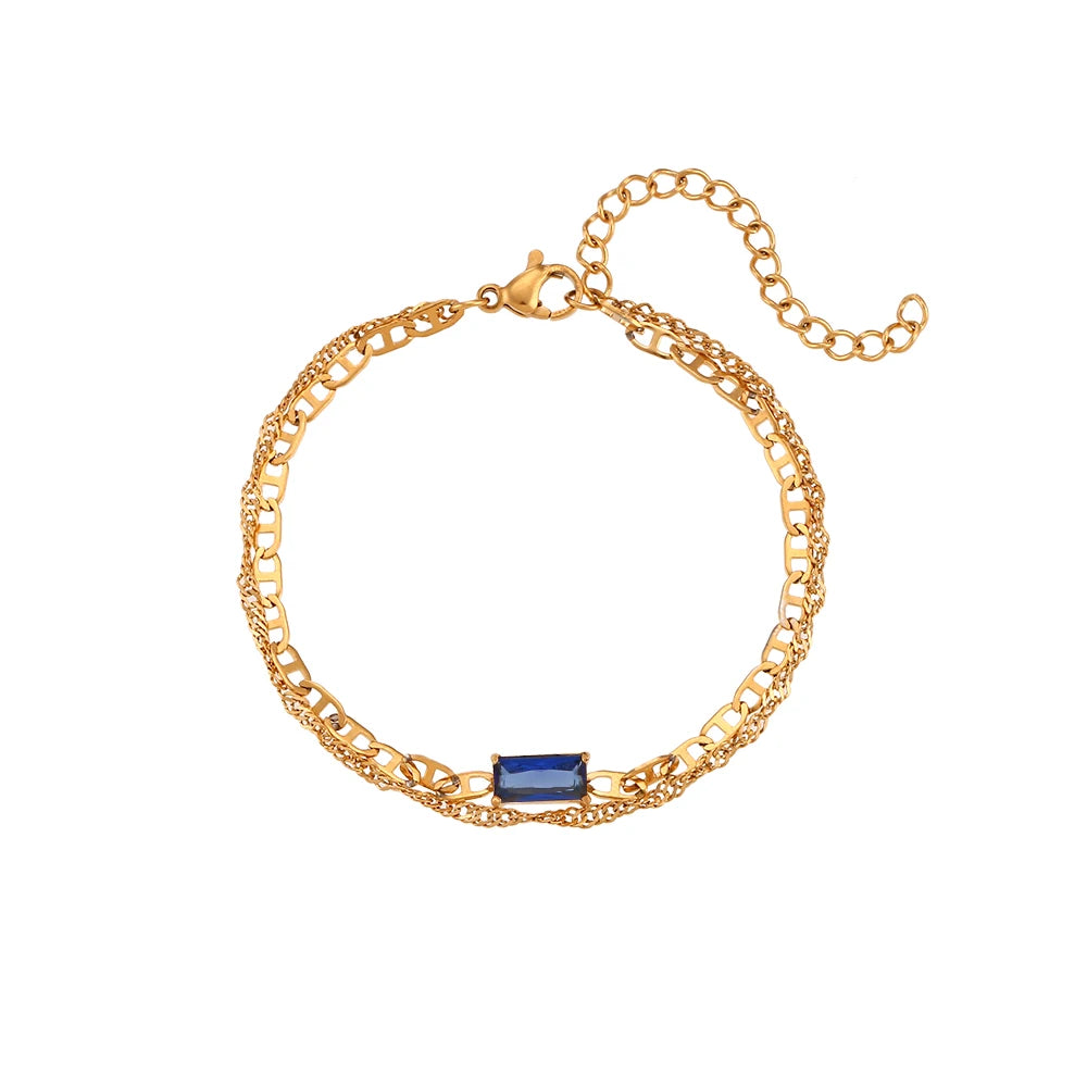 E.B.belle Double Layers Pig Nose Chain Shiny Zircon Bracelet PVD Plated Stainless Steel Women Jewelry Accessories