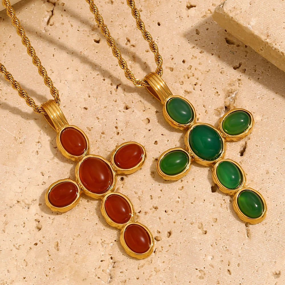 Red Color Oval Shape Gemstone Cross Pendant Necklace Gold Plated Stainless Steel Fashion Neck Jewelry