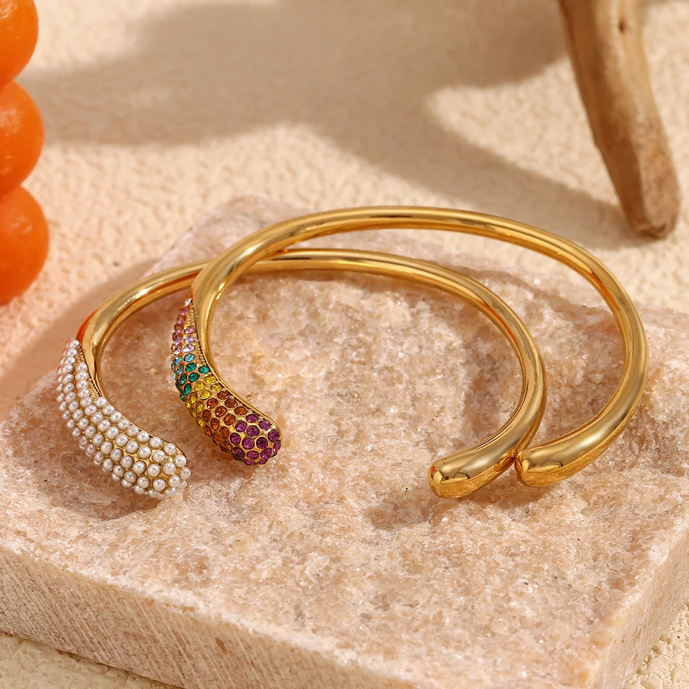 E.B.belle Colorful Rhinestone Snake Head Bracelet 18K Gold Plated Stainless Steel Opening Bracelet Bangle Waterproof Jewelry