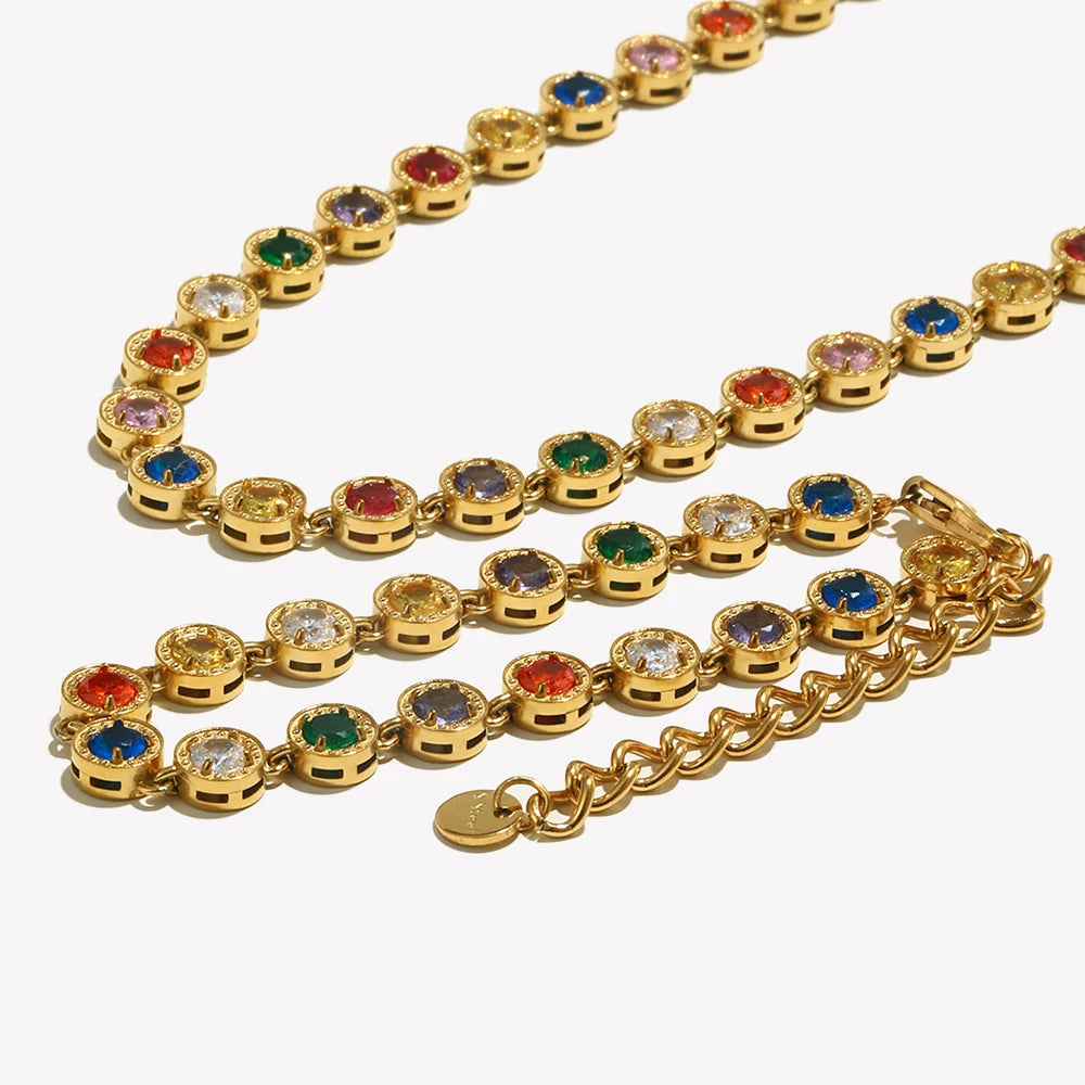 E.B.belle Multicolor Luxury Round Zircon Necklace Bracelet PVD Plated Stainless Steel Classic Style Party Shiny Chic Jewelry