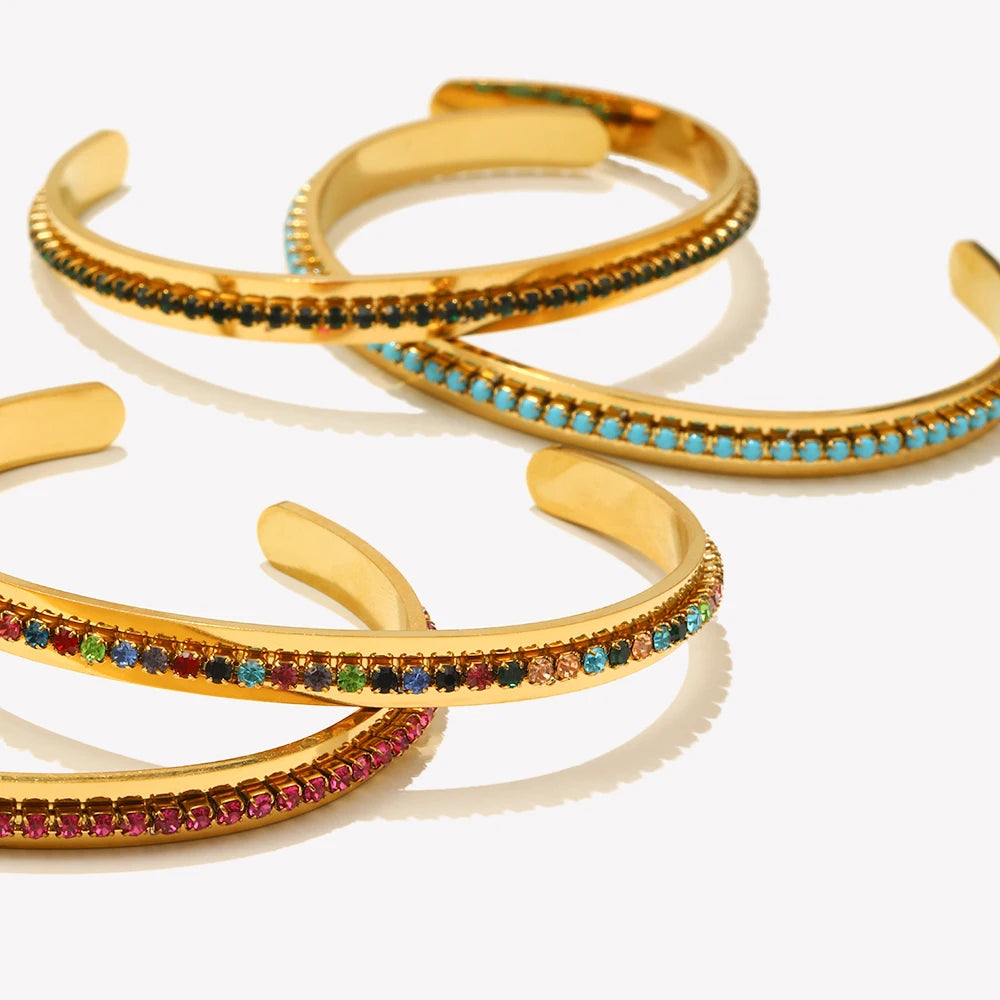 E.B.belle Fashion Waterproof Stainless Steel Shiny Colorful Turquoise Rhinestone Cuff Bracelets For Women Party Jewelry Gifts