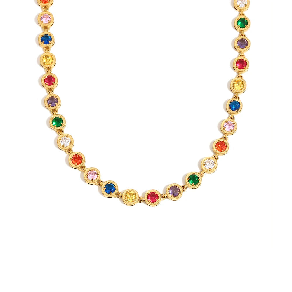 E.B.belle Multicolor Luxury Round Zircon Necklace Bracelet PVD Plated Stainless Steel Classic Style Party Shiny Chic Jewelry