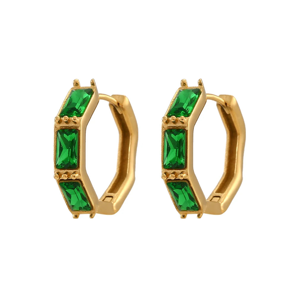 E.B.belle Bamboo Cubic Zirconia Stone Green Clear Small Huggies Hoop Earring Delicate Elegant Ladies Gold Plated Zircon Hoop