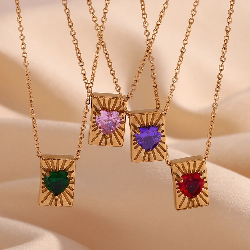E.B.belle Heart Zircon Radiant Rectangular Card Pendant Necklace Colorful Stainless Steel Decoration 18K Gold Plated Jewelry