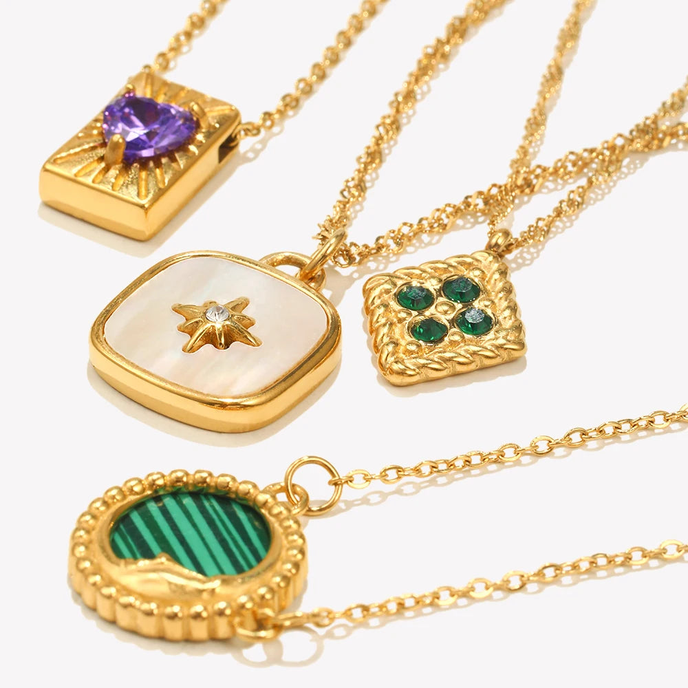 E.B.belle  Natural Stone Shiny Heart Zircon Pendant Necklace Gold Plated Stainless Steel Fashion Women Neck Jewelry