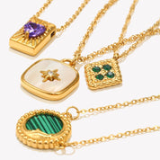 E.B.belle  Natural Stone Shiny Heart Zircon Pendant Necklace Gold Plated Stainless Steel Fashion Women Neck Jewelry