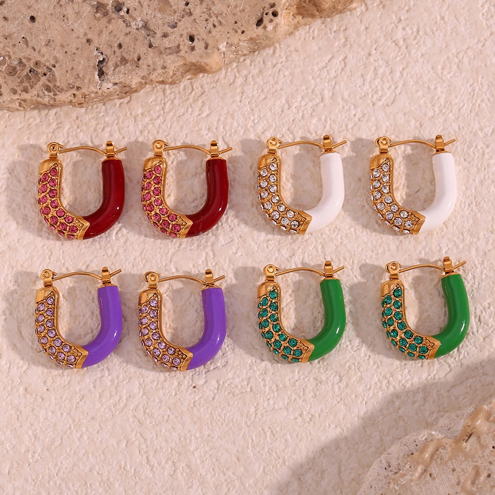E.B.belle Purple Green White Enamel U Shaped Rhinestone Crystal Paved Y2K Hoop Earrings For Girls Female Ladies Colorful Earring