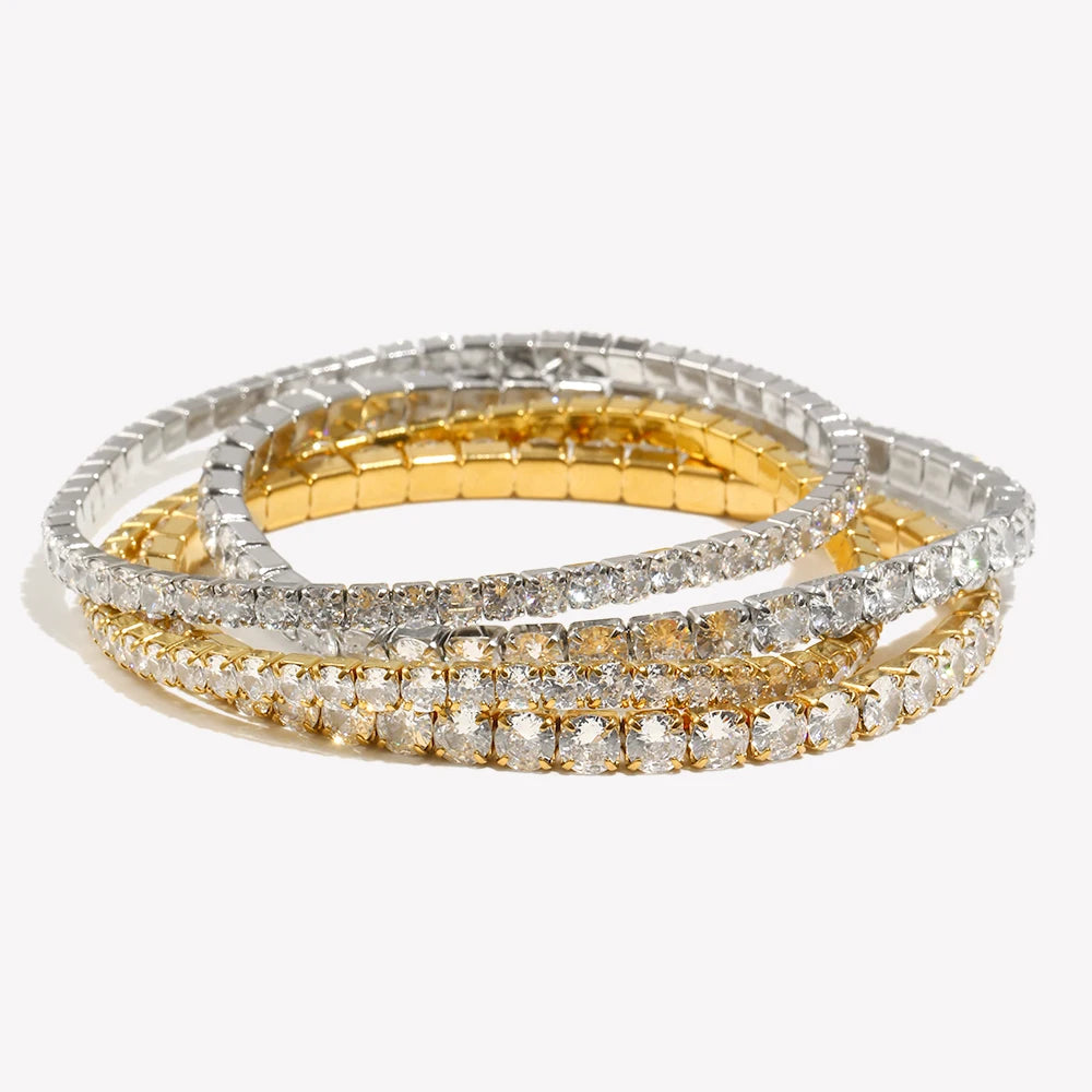 E.B.belle 3mm 4mm Elastic Square Zircon Bracelet Stainless Steel Shiny Jewelry Gold/Silver Color Fashion Women Decoration Charm