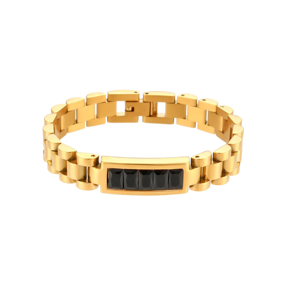 E.B.belle Oringinal Design Black White  3A Zircon Paved Watchband Wrist Bracelets For Women Stainless Steel Gold Plated Bangles