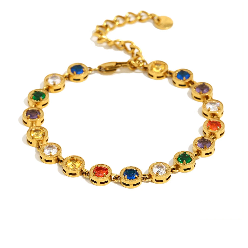 E.B.belle Multicolor Luxury Round Zircon Necklace Bracelet PVD Plated Stainless Steel Classic Style Party Shiny Chic Jewelry