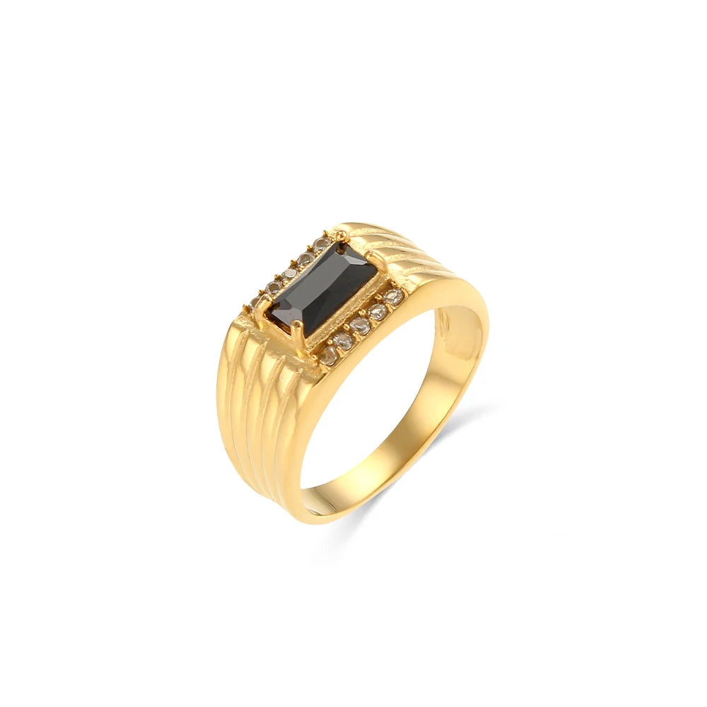 E.B.belle  Stainless Steel Texture Engraved Square Green Black Zircon Stone Ring Vintage Geometric Gold Rings For Women