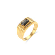 E.B.belle  Stainless Steel Texture Engraved Square Green Black Zircon Stone Ring Vintage Geometric Gold Rings For Women