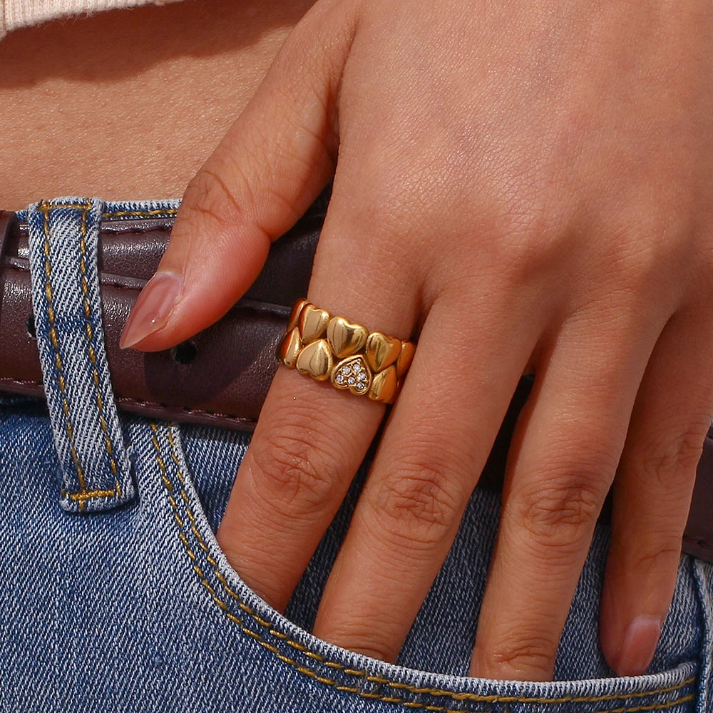 Rhinestone Filled Casting Mould Wide Band Y2K accessories Heart Rings For Girls Ladies Bold Stainless Steel Gold Plated Ring