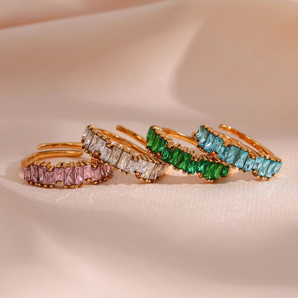 E.B.belle Full Cubic Zirconia Stone Shiny Green Pink Blue Crystal Zircon Adjustable Rings For Party Ladies Christmas Gift