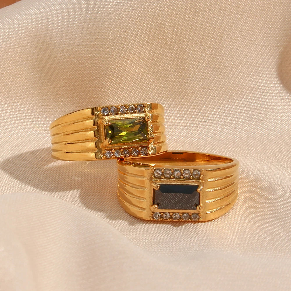 E.B.belle  Stainless Steel Texture Engraved Square Green Black Zircon Stone Ring Vintage Geometric Gold Rings For Women