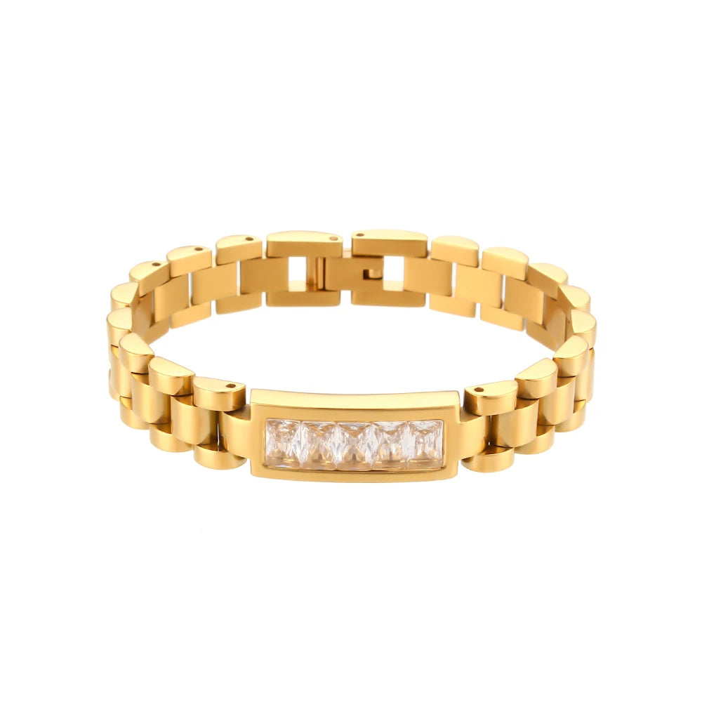 E.B.belle Oringinal Design Black White  3A Zircon Paved Watchband Wrist Bracelets For Women Stainless Steel Gold Plated Bangles