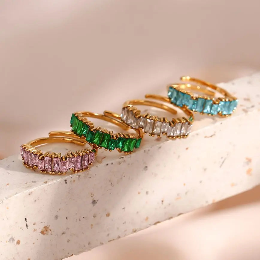 E.B.belle Full Cubic Zirconia Stone Shiny Green Pink Blue Crystal Zircon Adjustable Rings For Party Ladies Christmas Gift