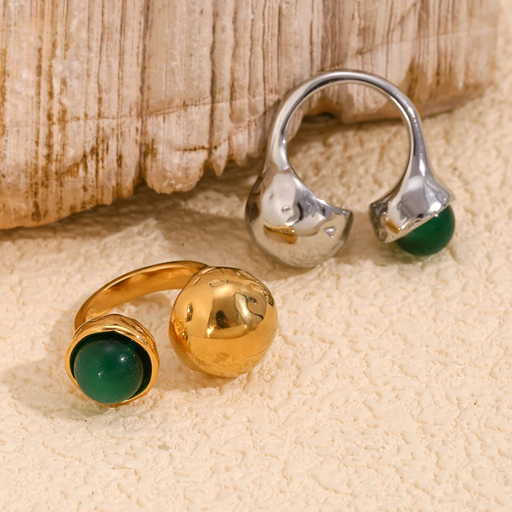 E.B.belle Double Balls Clip Agate Stone Opening Ring Waterproof 316L Stainless Steel Natural Stone Jewelry For Fashion Women
