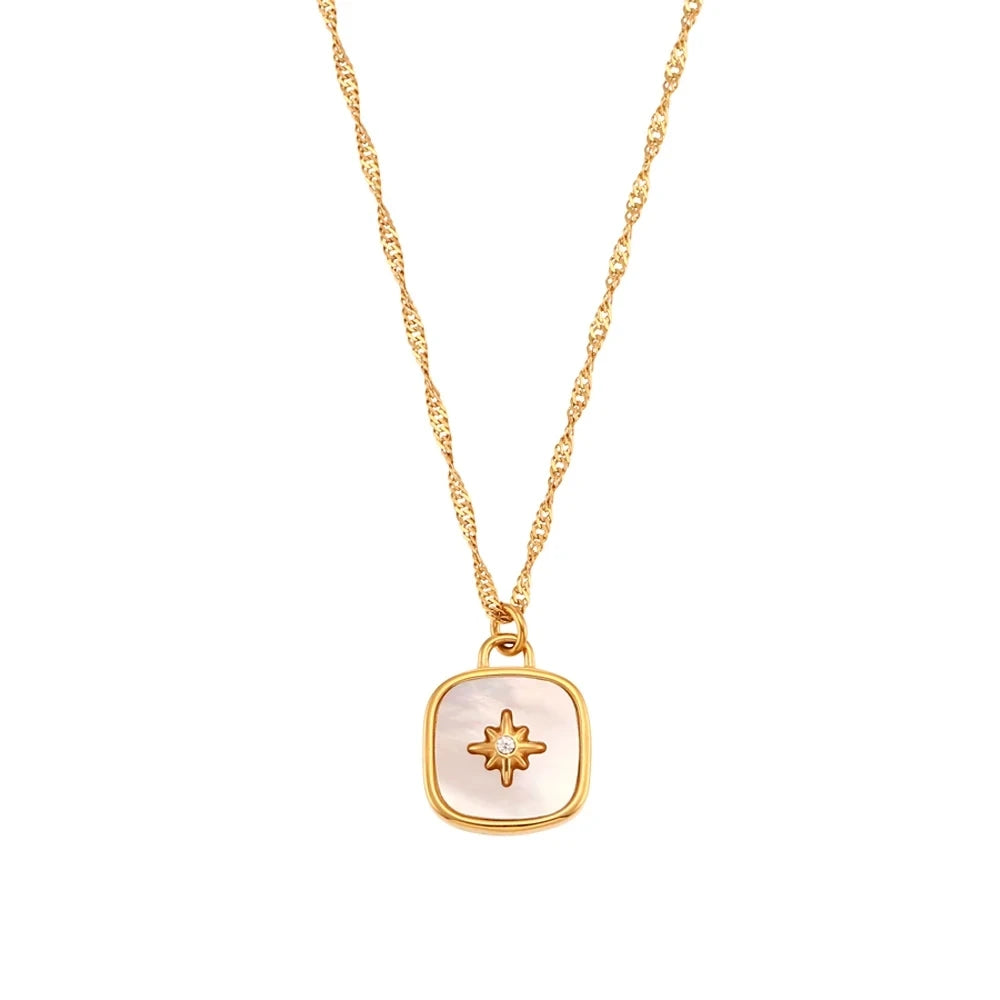 E.B.belle  Natural Stone Shiny Heart Zircon Pendant Necklace Gold Plated Stainless Steel Fashion Women Neck Jewelry