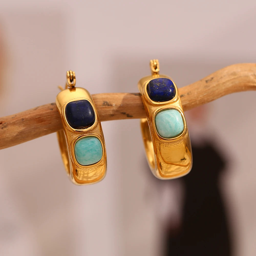 E.B.belle Round  Lazurite Turquoise Natural Stone Hoop Earrings Stainless Steel 18K Gold Plated Waterproof FashionEar Jewelry