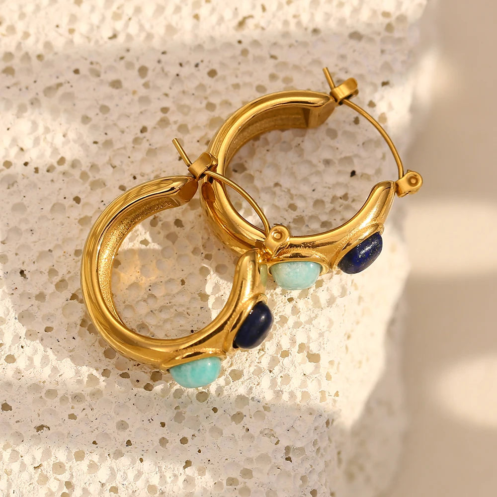 E.B.belle Round  Lazurite Turquoise Natural Stone Hoop Earrings Stainless Steel 18K Gold Plated Waterproof FashionEar Jewelry