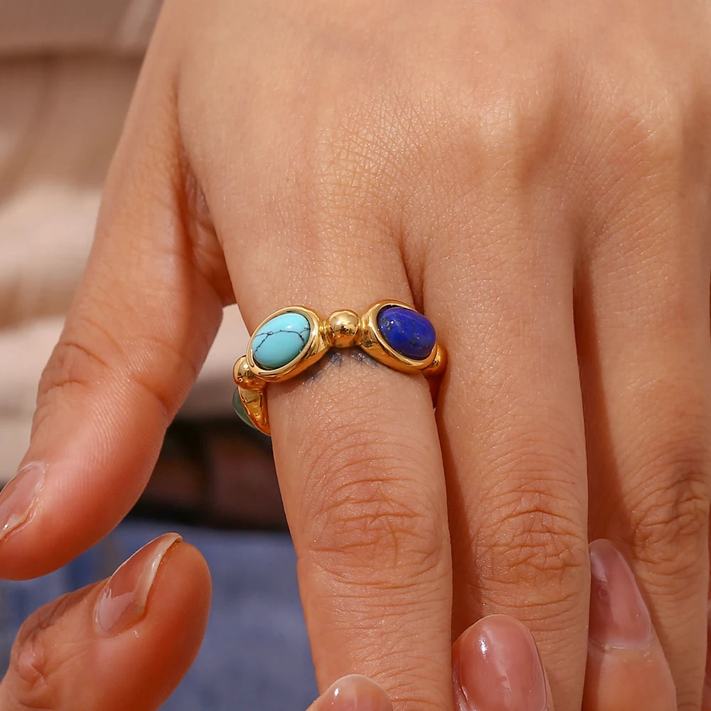 4 Colors Natural Stone Lapis Turquoise Carnelian Colorful Y2K Rings For Ladies Delicate Holiday Gold Plated Stainless Steel Ring