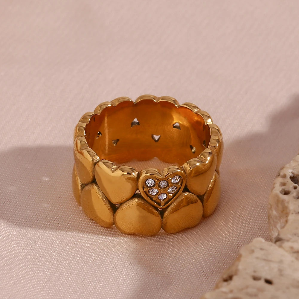 Rhinestone Filled Casting Mould Wide Band Y2K accessories Heart Rings For Girls Ladies Bold Stainless Steel Gold Plated Ring