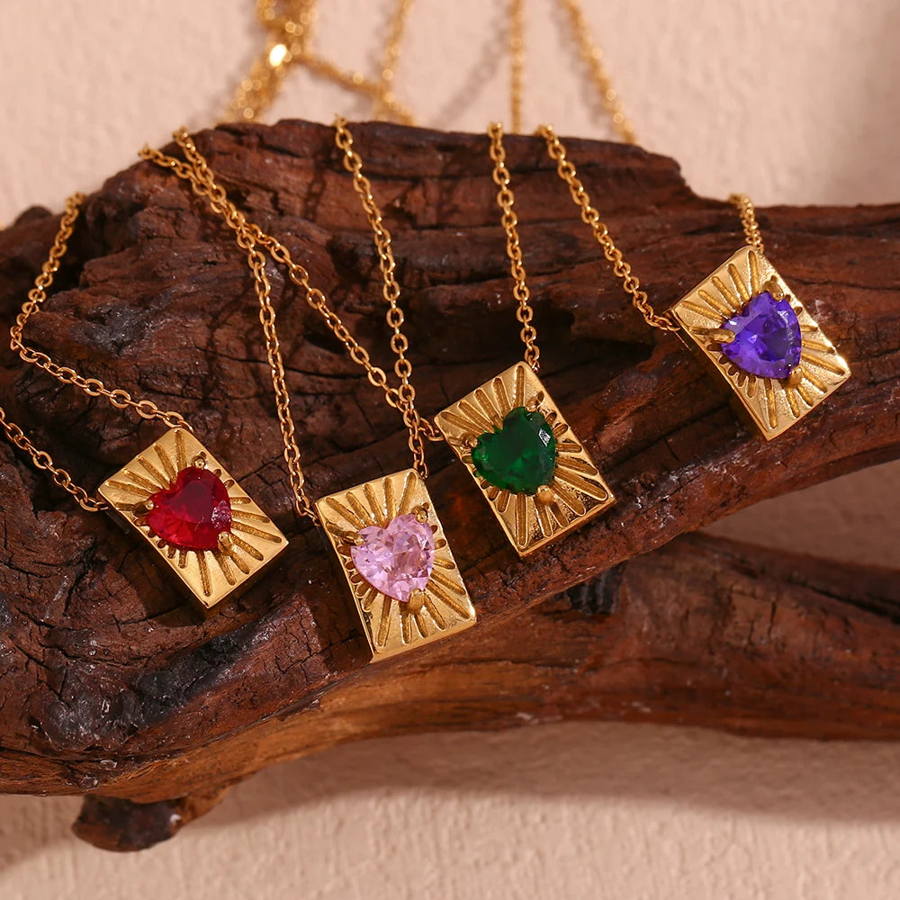 E.B.belle Heart Zircon Radiant Rectangular Card Pendant Necklace Colorful Stainless Steel Decoration 18K Gold Plated Jewelry