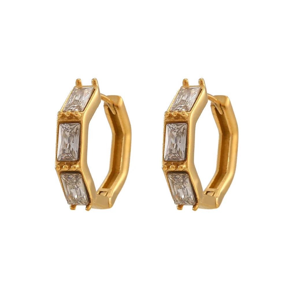 E.B.belle Bamboo Cubic Zirconia Stone Green Clear Small Huggies Hoop Earring Delicate Elegant Ladies Gold Plated Zircon Hoop